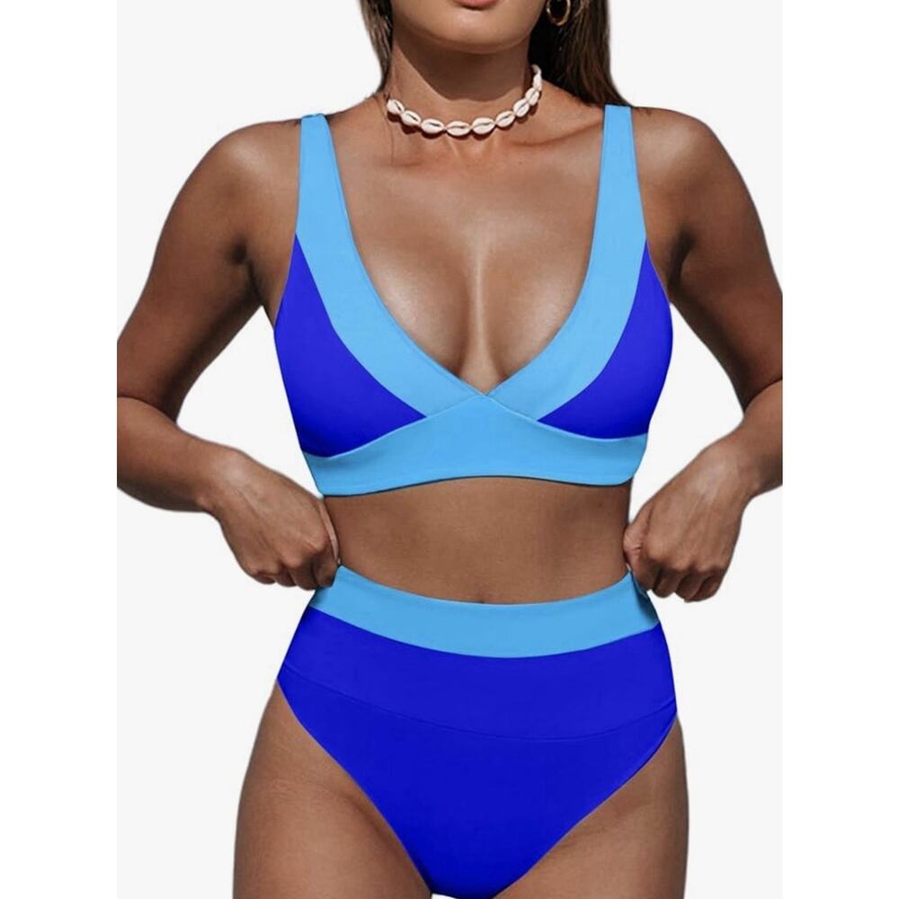 Two-Tone Blue High-Waist Bikini Set